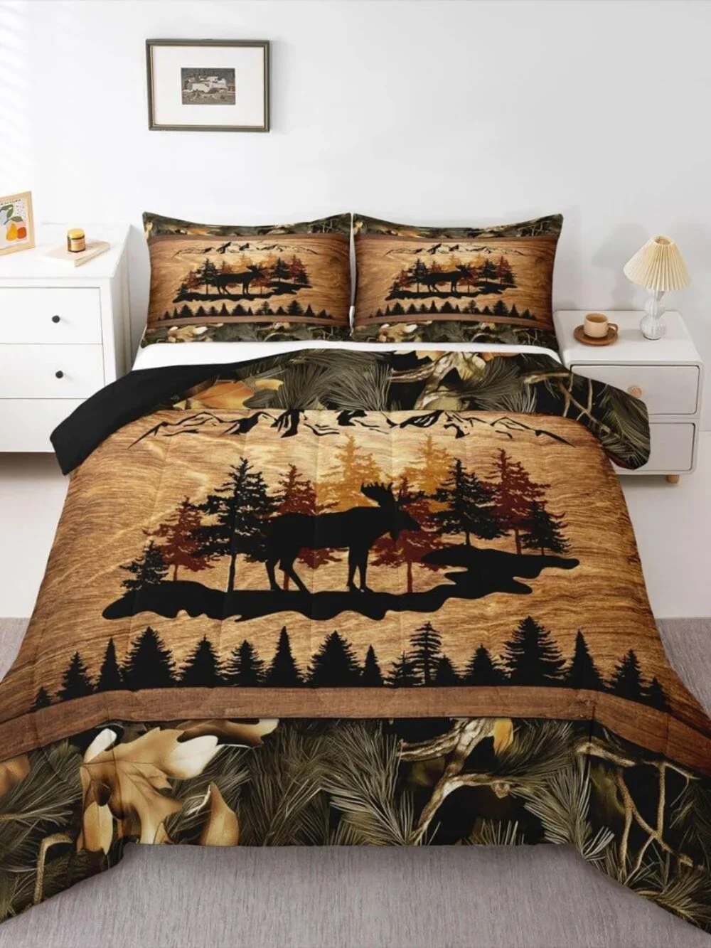 Jungle Cabin Comforter Set,Moose Animal Pine Trees Bedding Sets for Kids Teens A